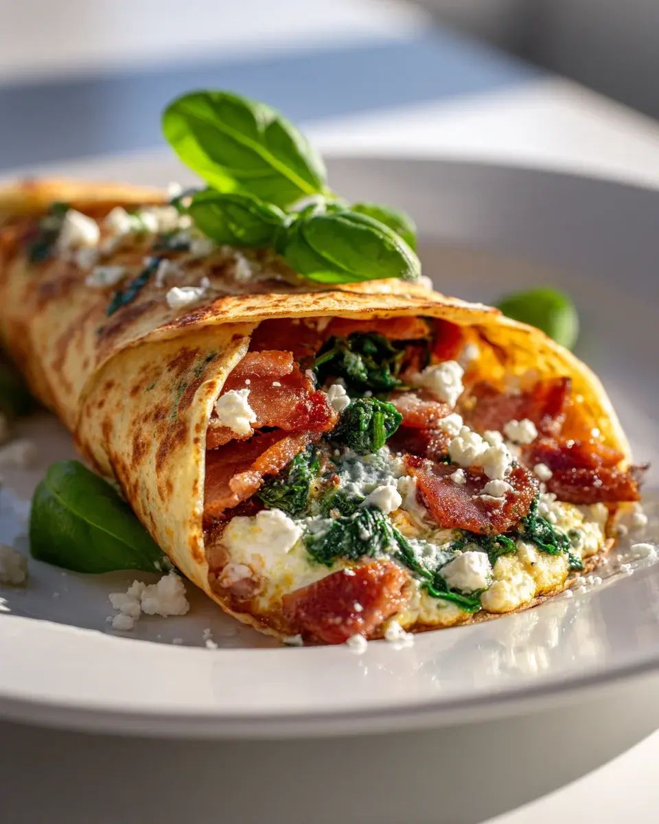 Beef Bacon Spinach Feta Breakfast Wrap mit Pesto