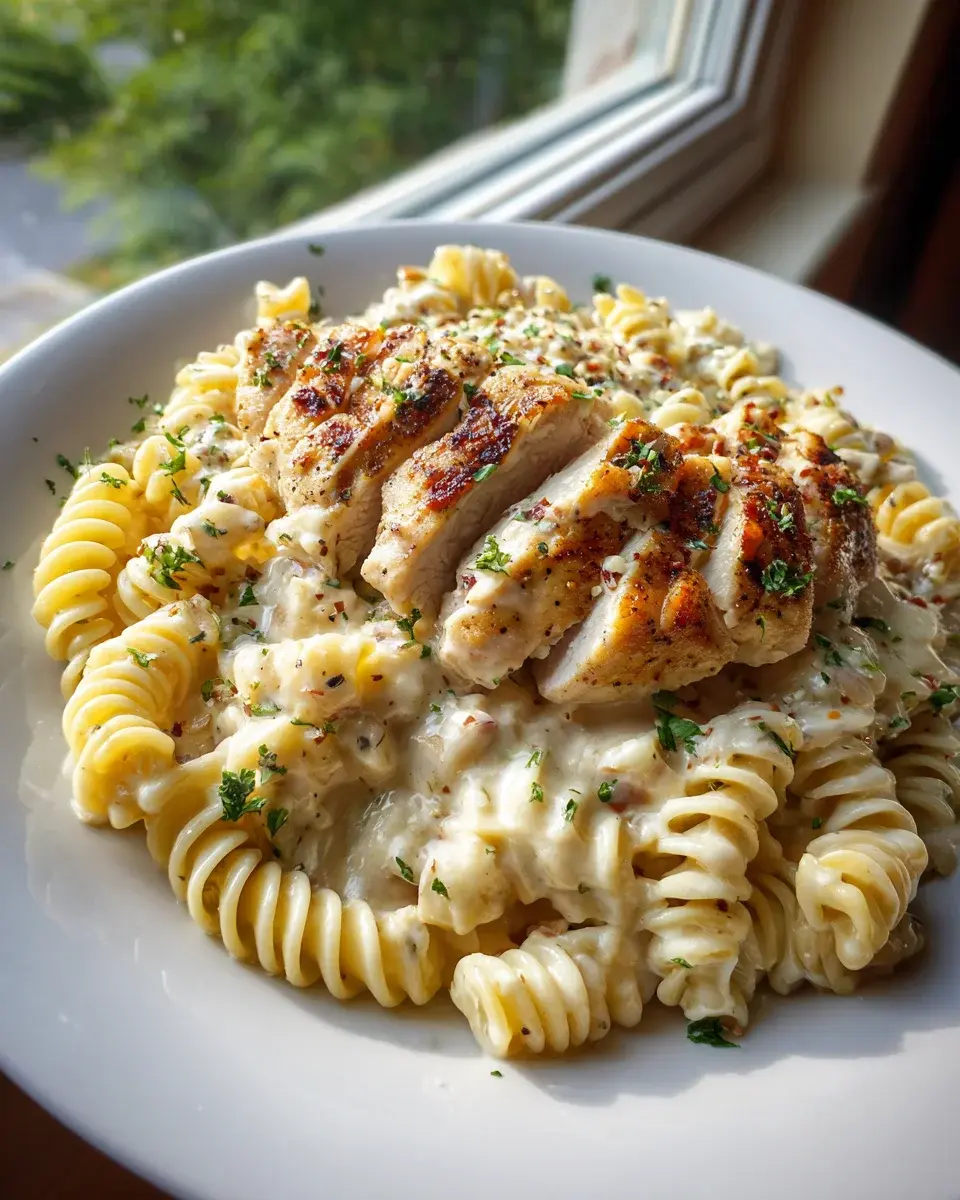 Creamy Garlic Parmesan Chicken With Cheesy Twisted Pasta
