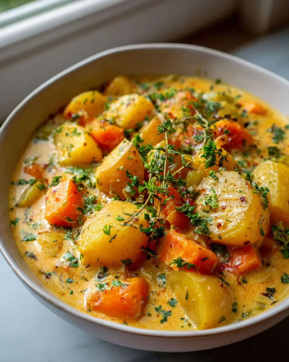Cremiger Veganer Kartoffel Eintopf Mit Karotten Und Sellerie