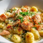 Garlic Parmesan Salmon Gnocchi Bake
