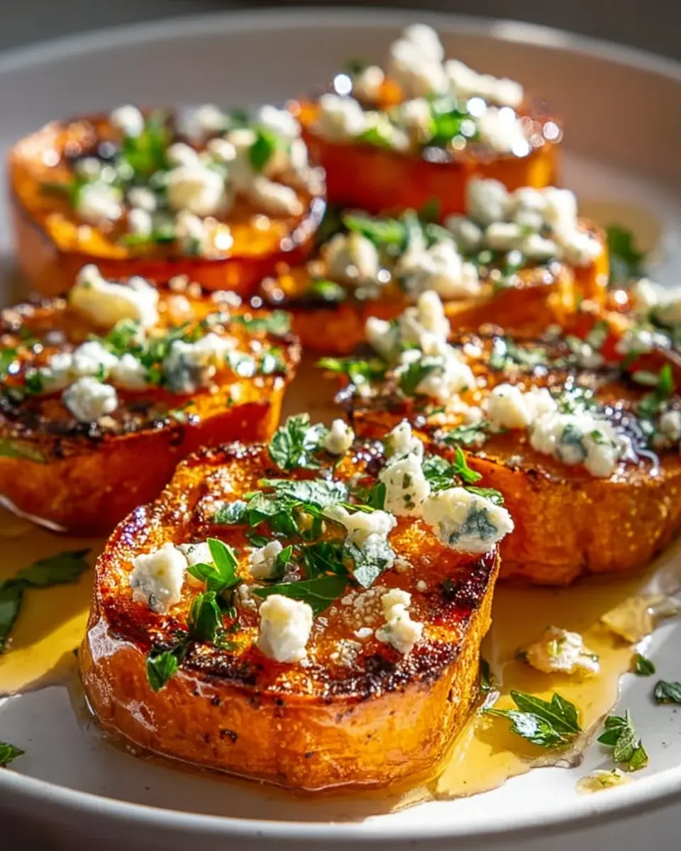 Geröstete Süßkartoffel Runden mit Honig Feta