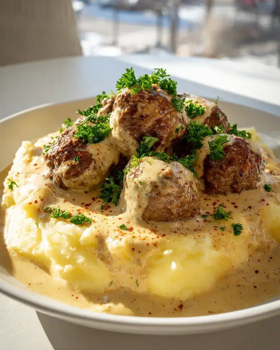 Hackbällchen In Cremiger Sauce Mit Kartoffelpueree