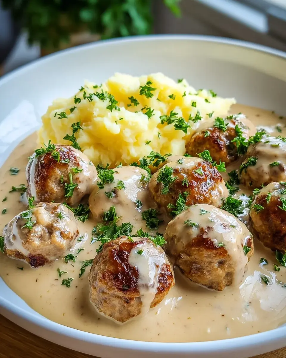 Hackbällchen in cremiger Sauce mit Kartoffelpuree