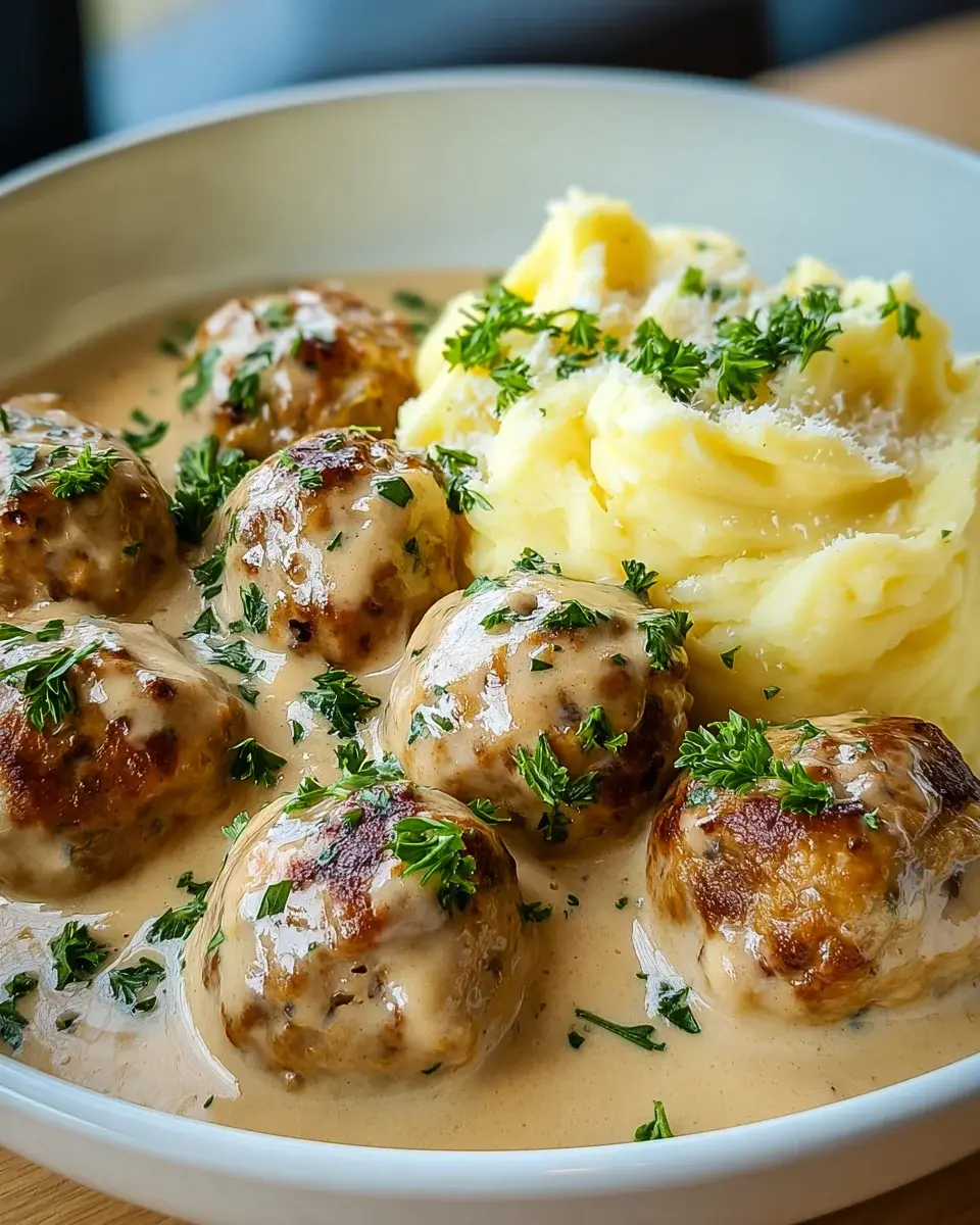 Hackbyllchen in cremiger Sauce mit Kartoffelpuree