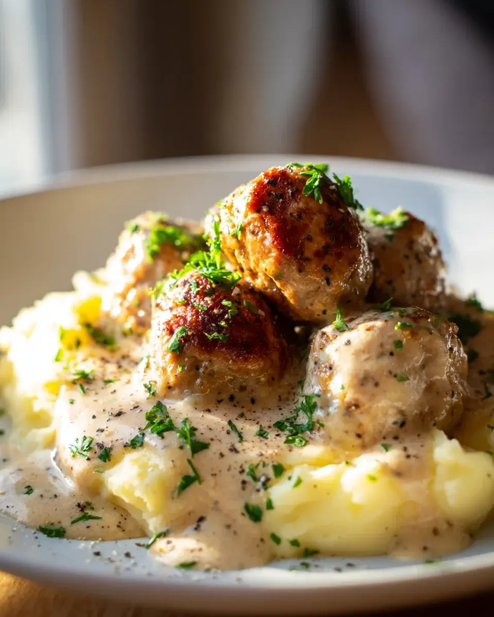 Hackbällchen in cremiger Sauce mit Kartoffelpüree