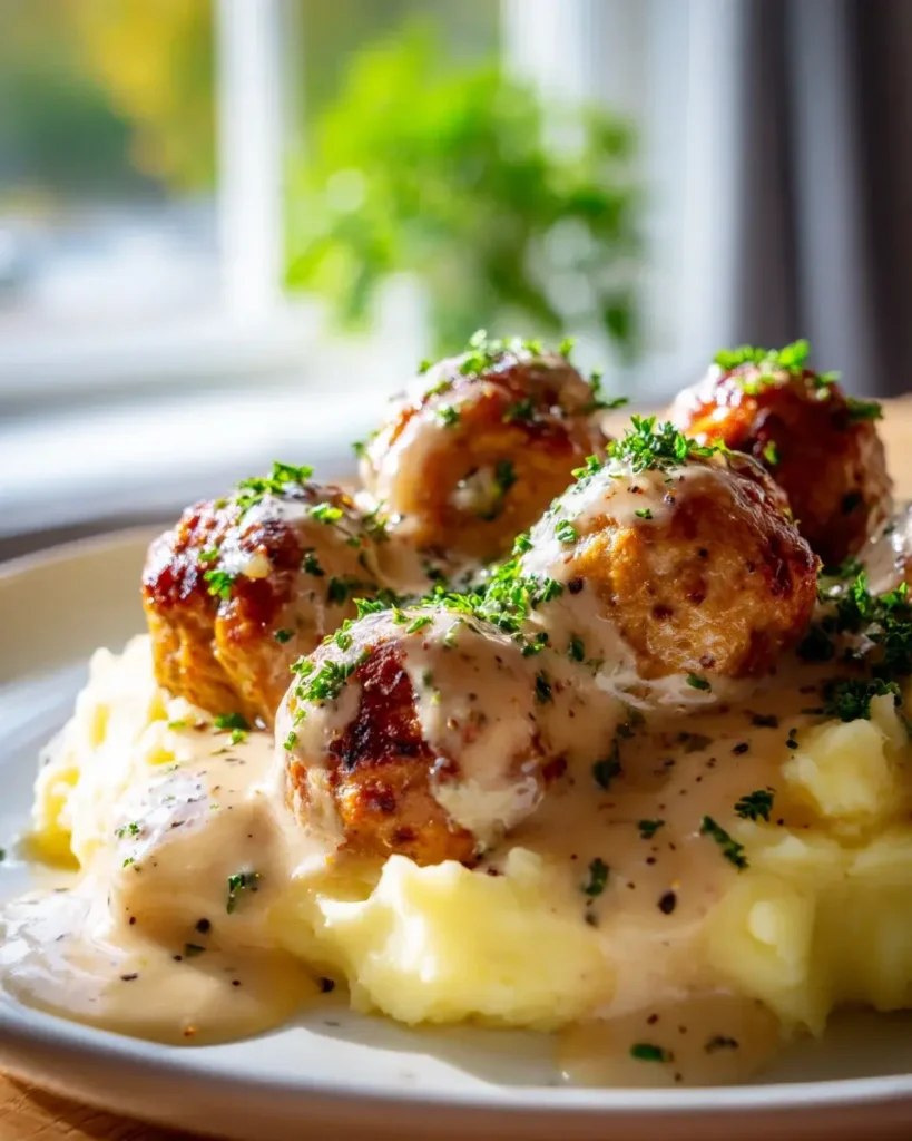 Herzhafte Hackbällchen: Cremige Sauce & Kartoffelpüree – Snackerra