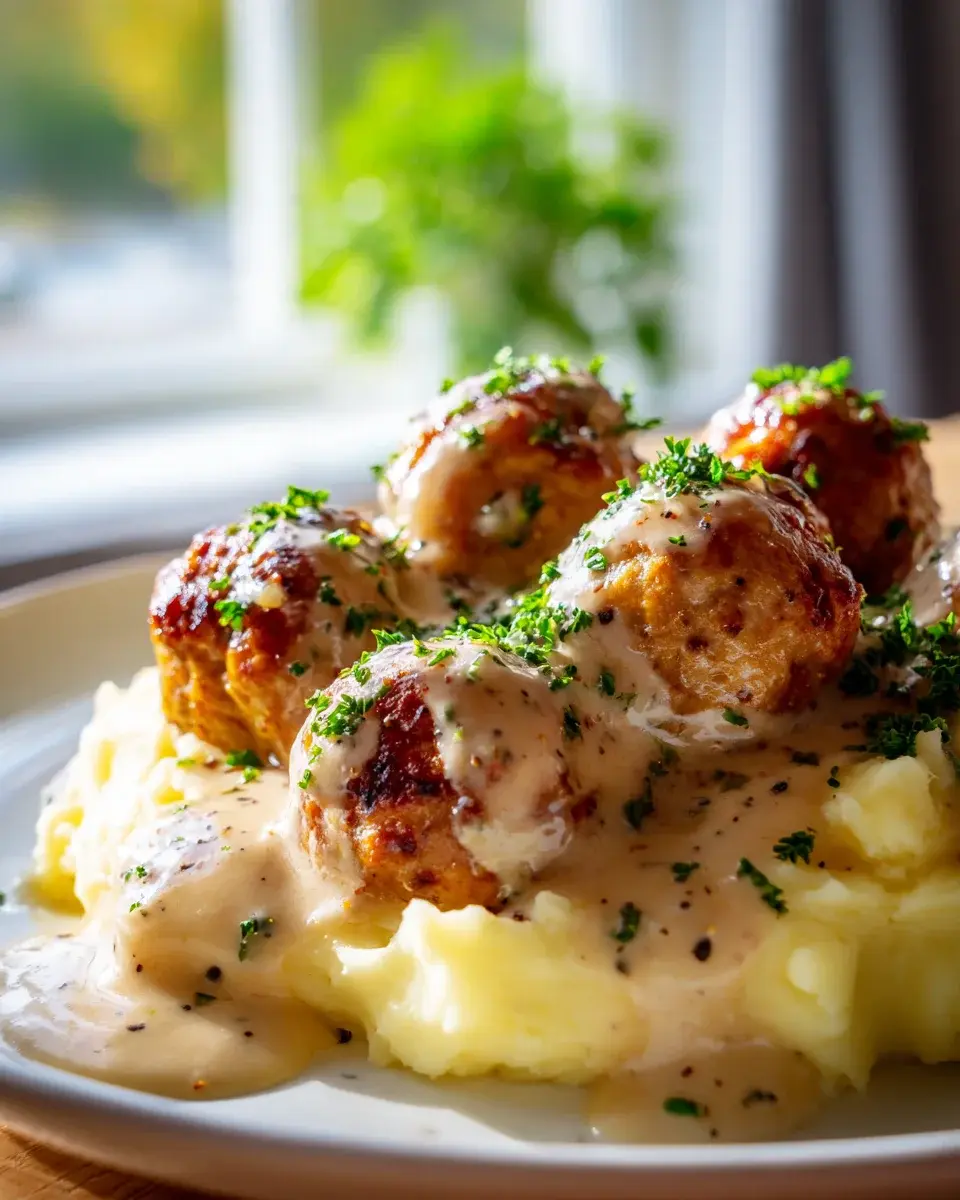 Hackbyllchen in cremiger Sauce mit Kartoffelpyree