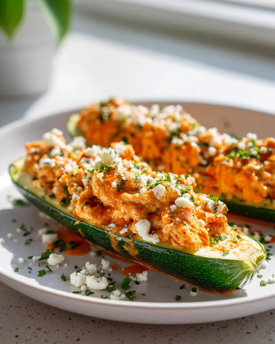 High Protein Buffalo Chicken Stuffed Zucchini Boats