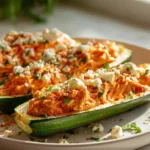High Protein Buffalo Chicken Stuffed Zucchini Boats