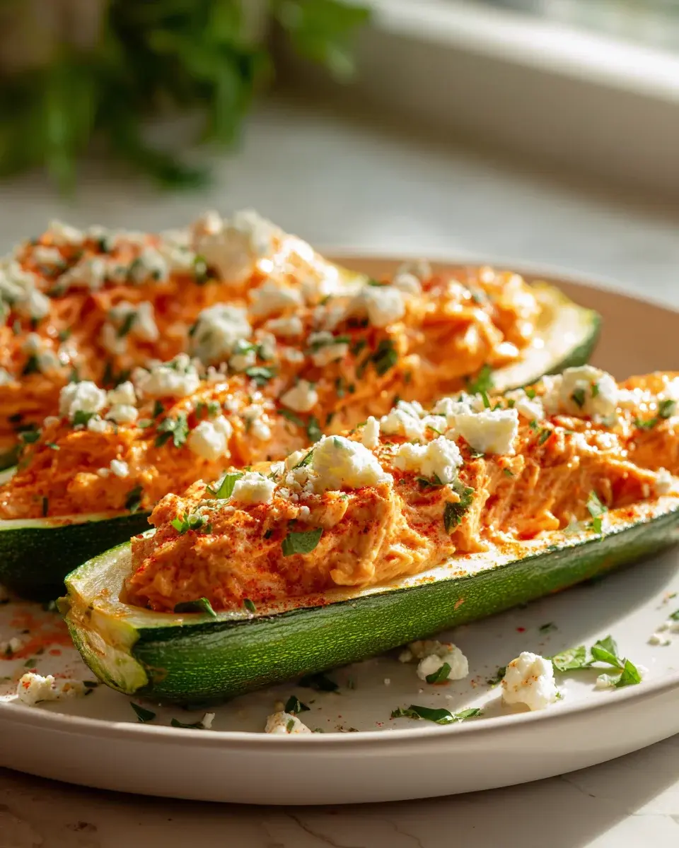 High Protein Buffalo Chicken Stuffed Zucchini Boats