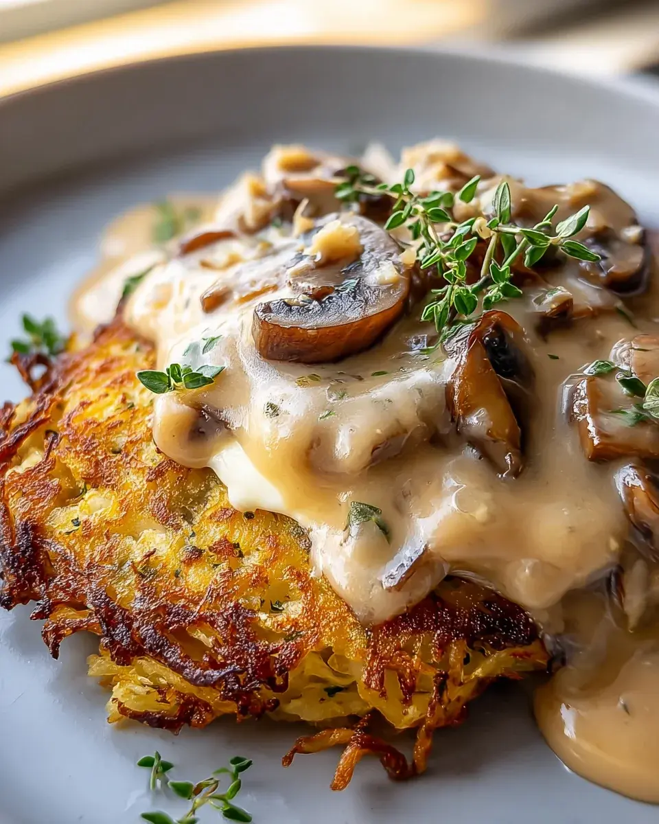 Mozzarella Rösti Zwiebel Pilzrahmsauce