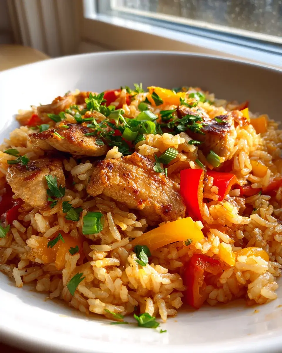 Paprika Reis Pfanne mit Hähnchen und Sojasoße