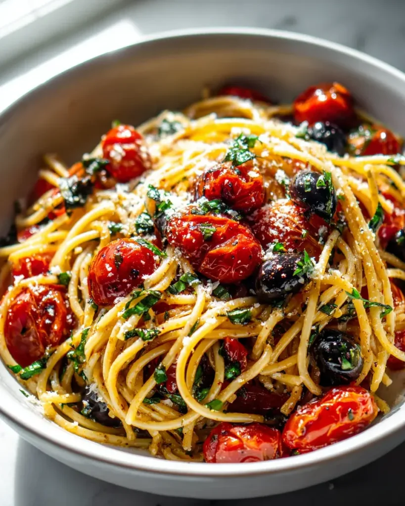 Mediterrane Pasta mit Gerösteten Tomaten und Oliven – Einfaches Rezept – Snackerra