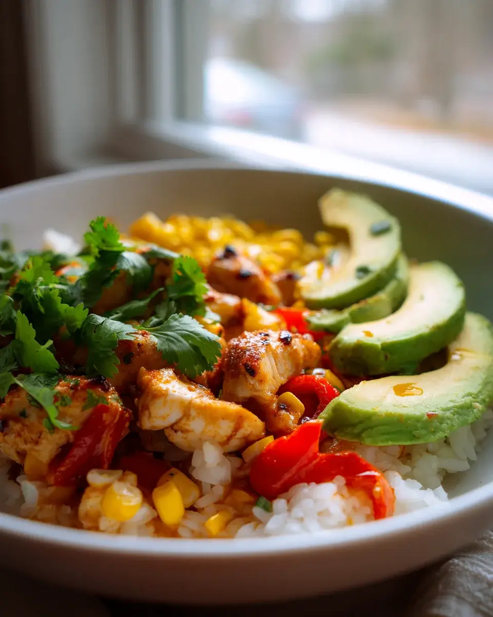 Southwest Corn Chicken Rice Bowl Mit Avocado