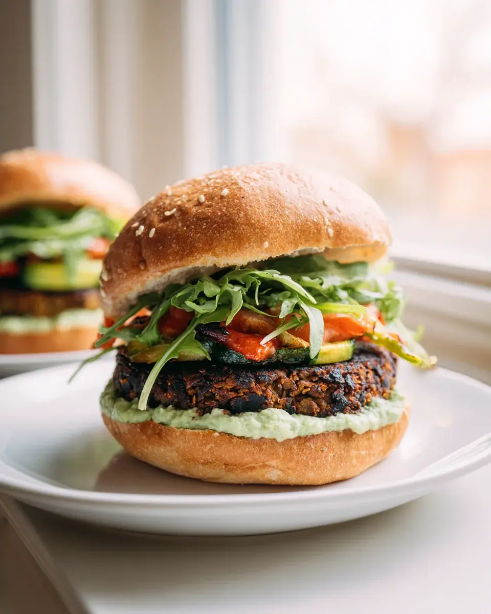 Veggie Burger Mit Gegrilltem Gemüse Auf Beef Hamburgerbrötchen
