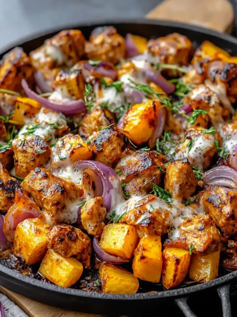 BBQ Hähnchen Süßkartoffel Pfanne