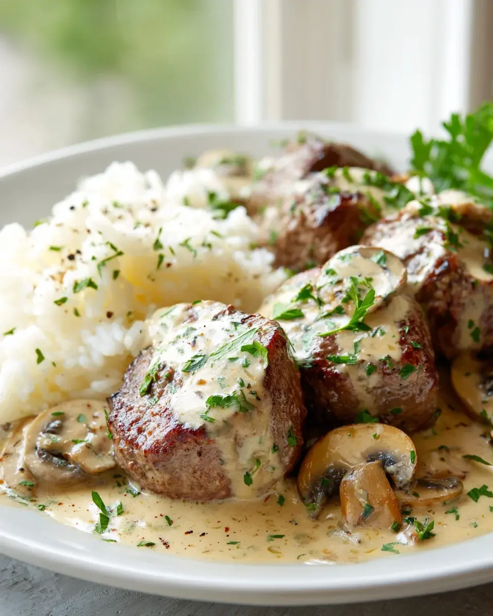 Beef Medaillons Pilzrahmsoße Reis-Pfanne Rezept