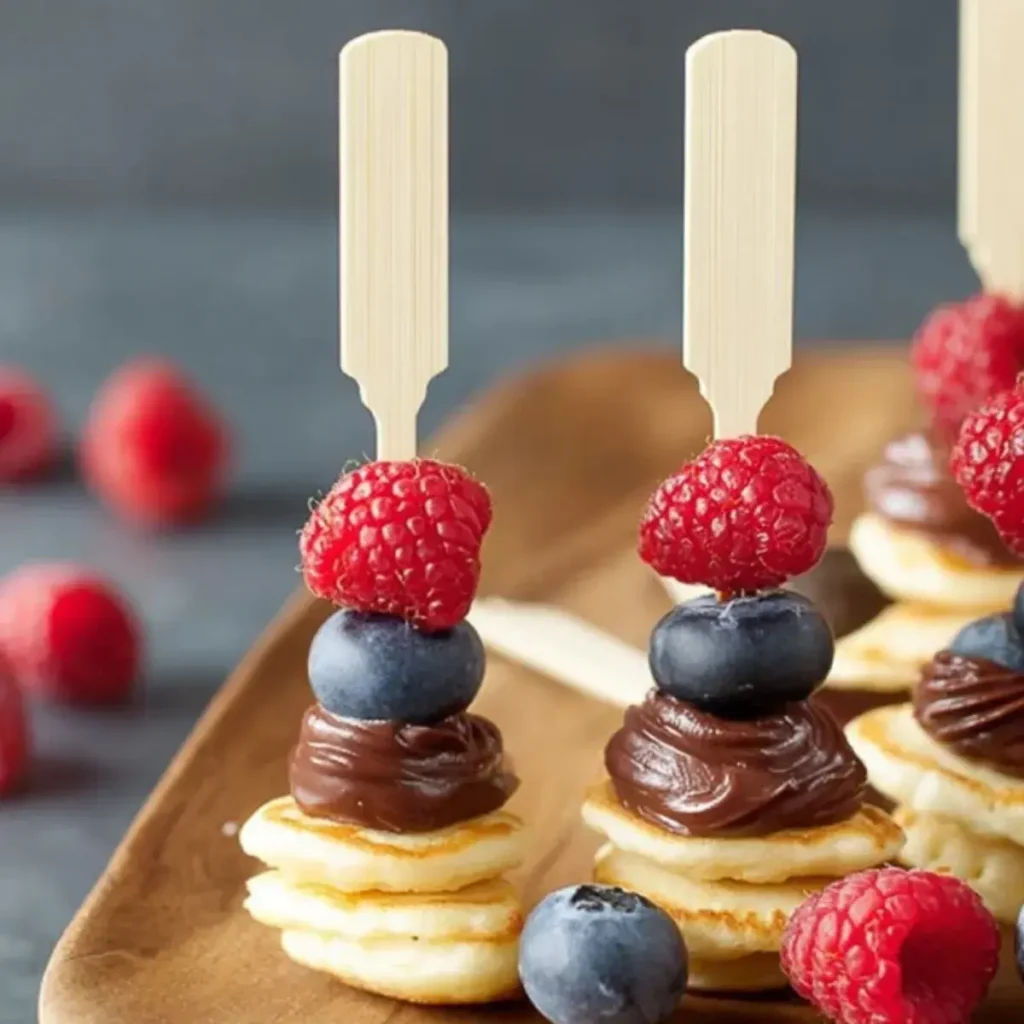 Beeren Pancake Spieße mit Schokoladencreme