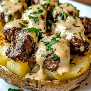 Beladene Kartoffel mit Steakbissen