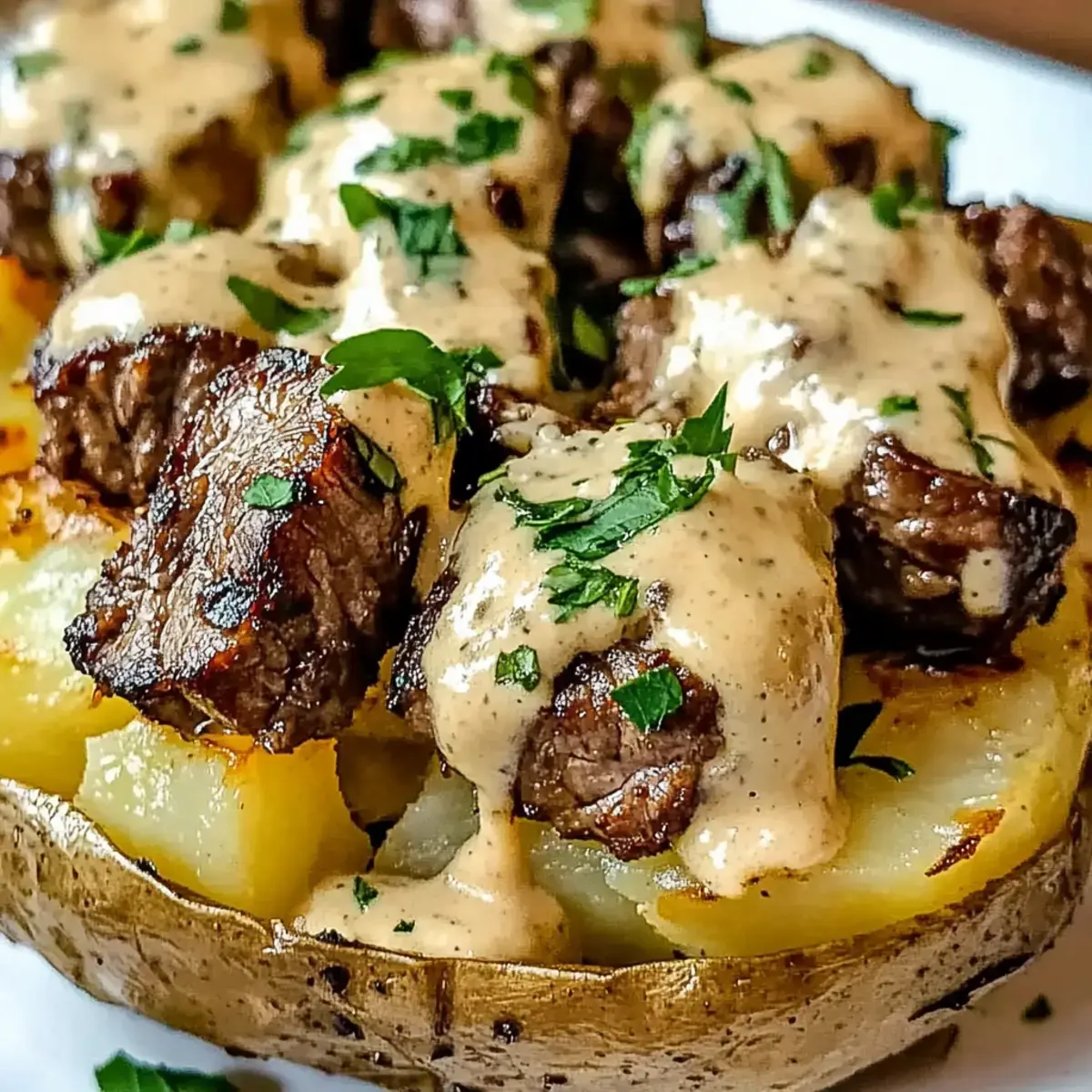 Beladene Kartoffel mit Steakbissen