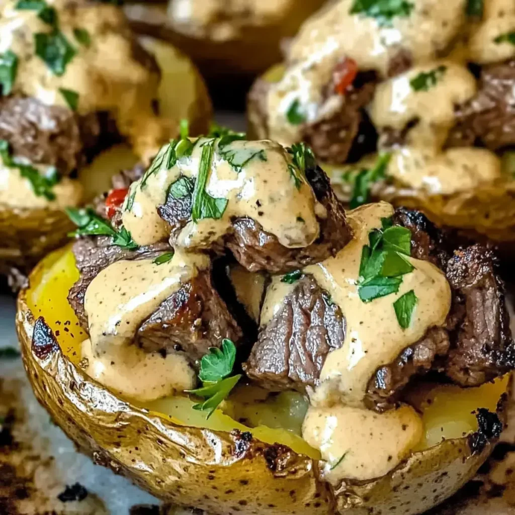 Beladene Kartoffel mit Steakbissen