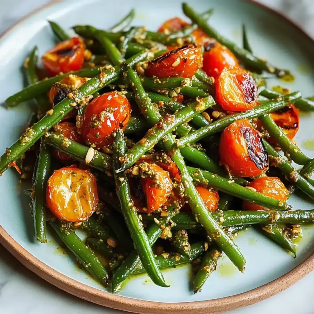 Blasenbildende grüne Bohnen Tomaten Mandel Pesto