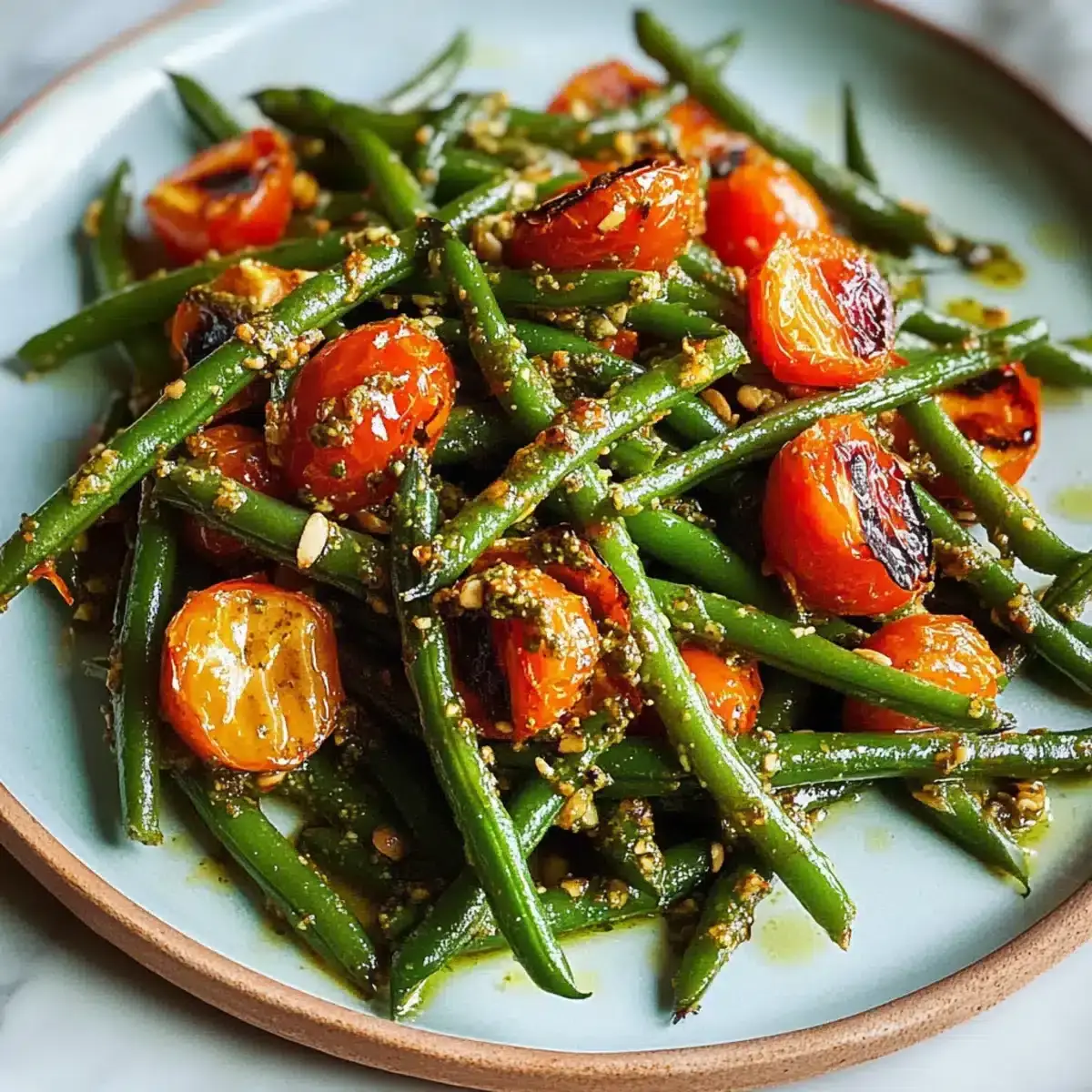 Blasenbildende grüne Bohnen Tomaten Mandel Pesto