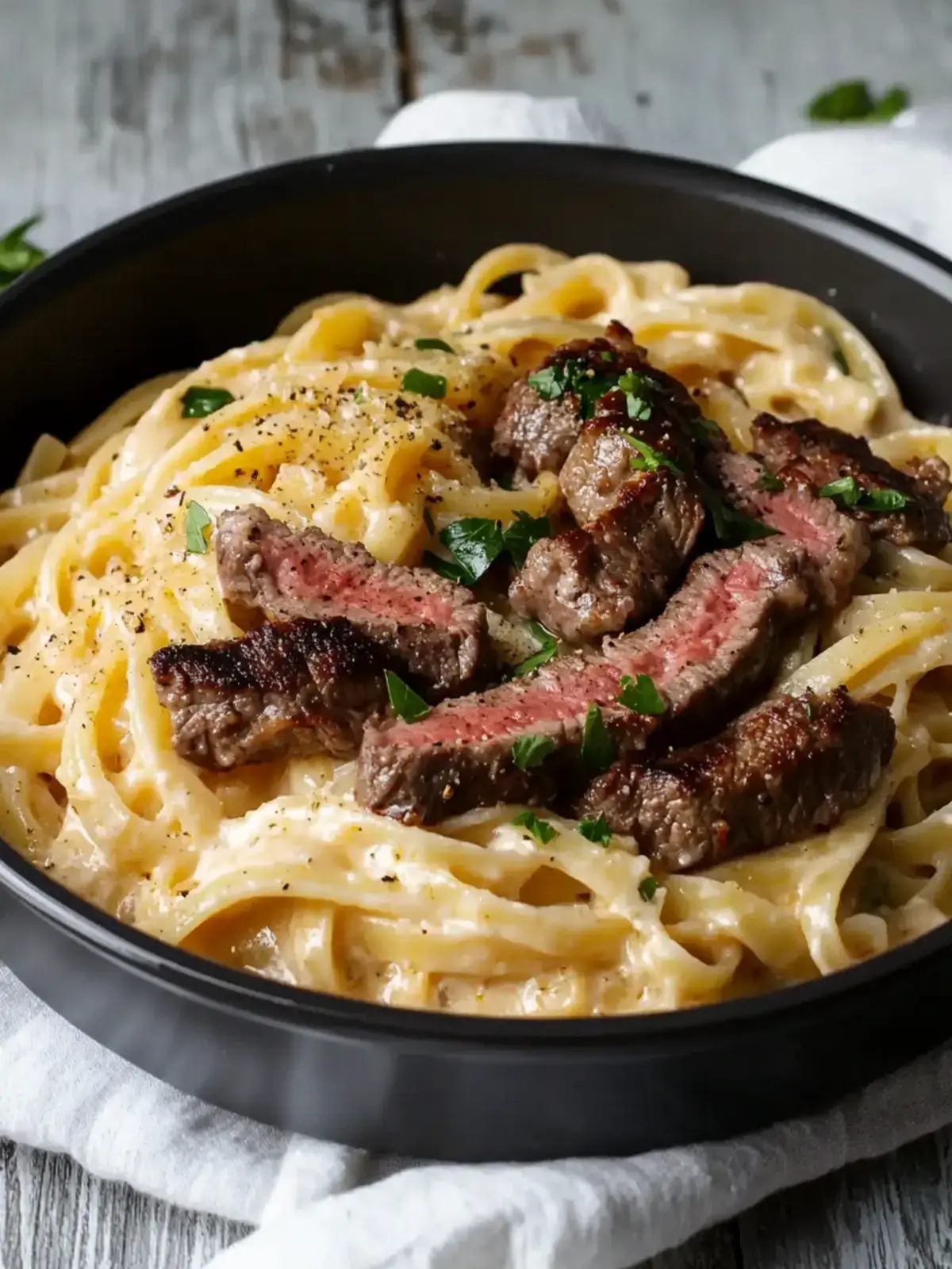 Cajun Garnelen und Steak Alfredo Pasta