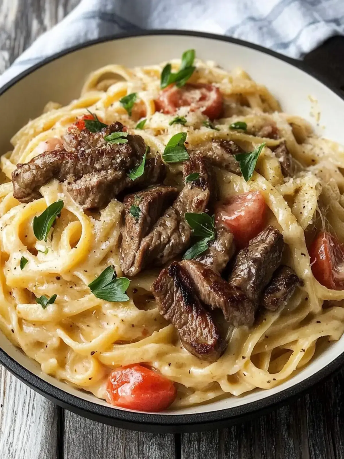 Cajun Garnelen und Steak Alfredo Pasta