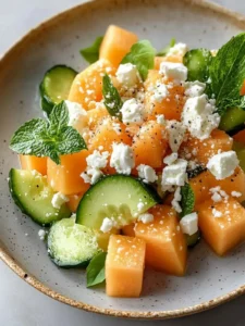 Erfrischender Cantaloupe-Melonen-Salat mit Gurke und Feta