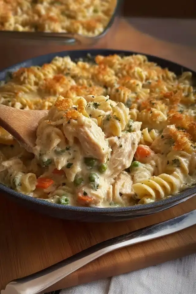 Creamy Chicken Pot Pie Pasta Bake