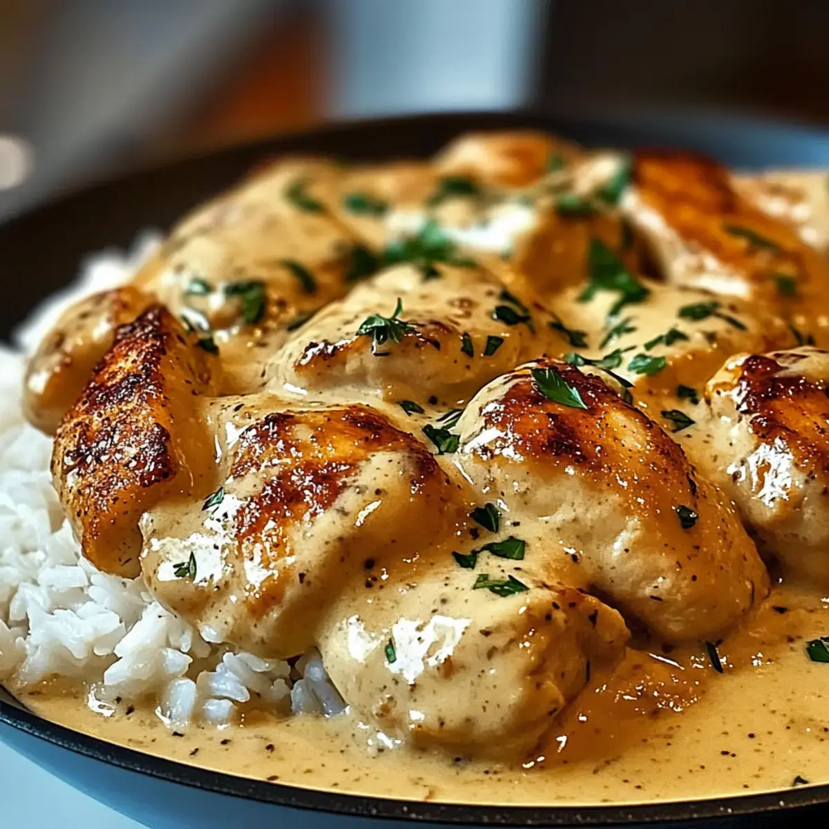 Cremig überbackenes Hähnchen Reis