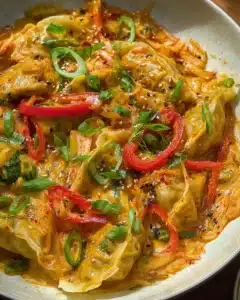 Aromatische Gyoza Dumpling Pfanne mit cremiger Currysahnesoße