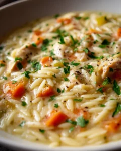 Cremige Hühner-Orzo-Suppe mit Karotten und Sellerie