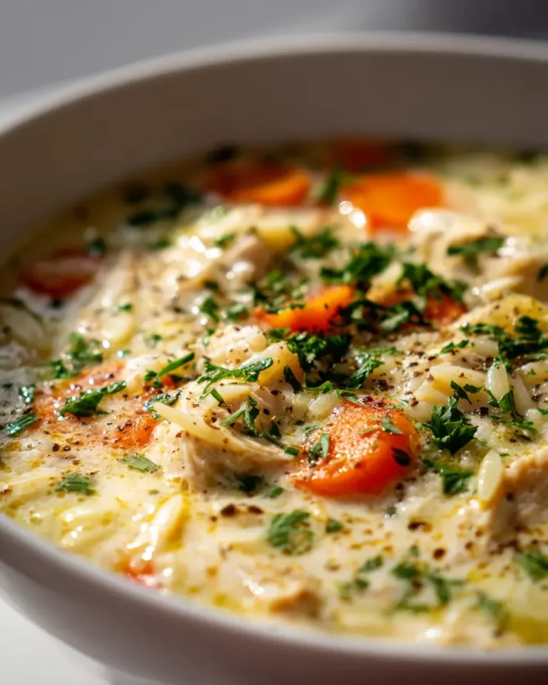 Cremige Hühner-Orzo-Suppe mit Karotten und Sellerie Rezept