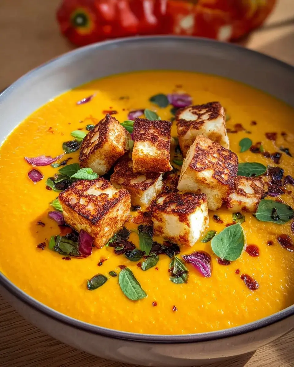 Cremige Kürbissuppe mit Halloumi