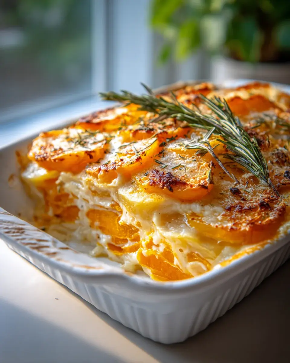 Cremiger Kuerbis Kartoffel Auflauf