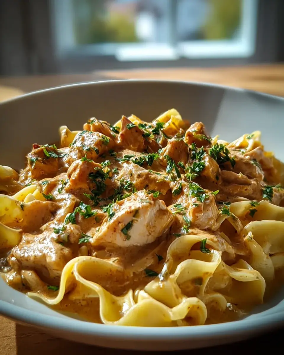 Cremiges Hähnchenragout mit Bandnudeln