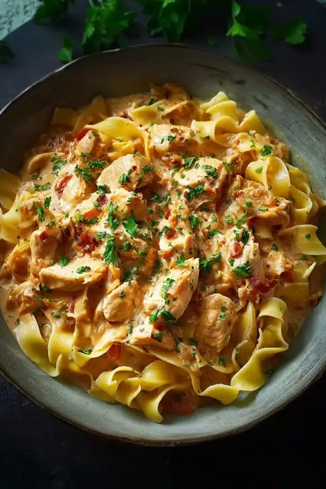 Cremiges Hähnchenragout mit Bandnudeln