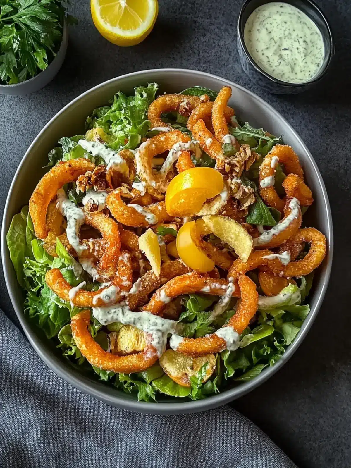 Curly Fries Salat cremiges Dressing