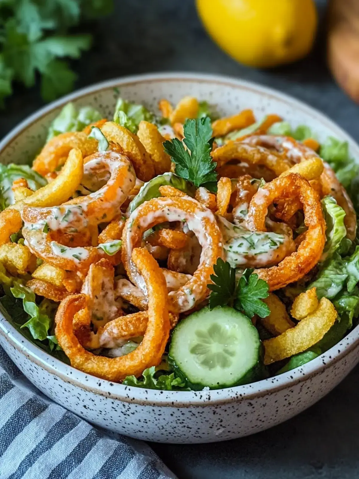 Curly Fries Salat mit cremigem Dressing