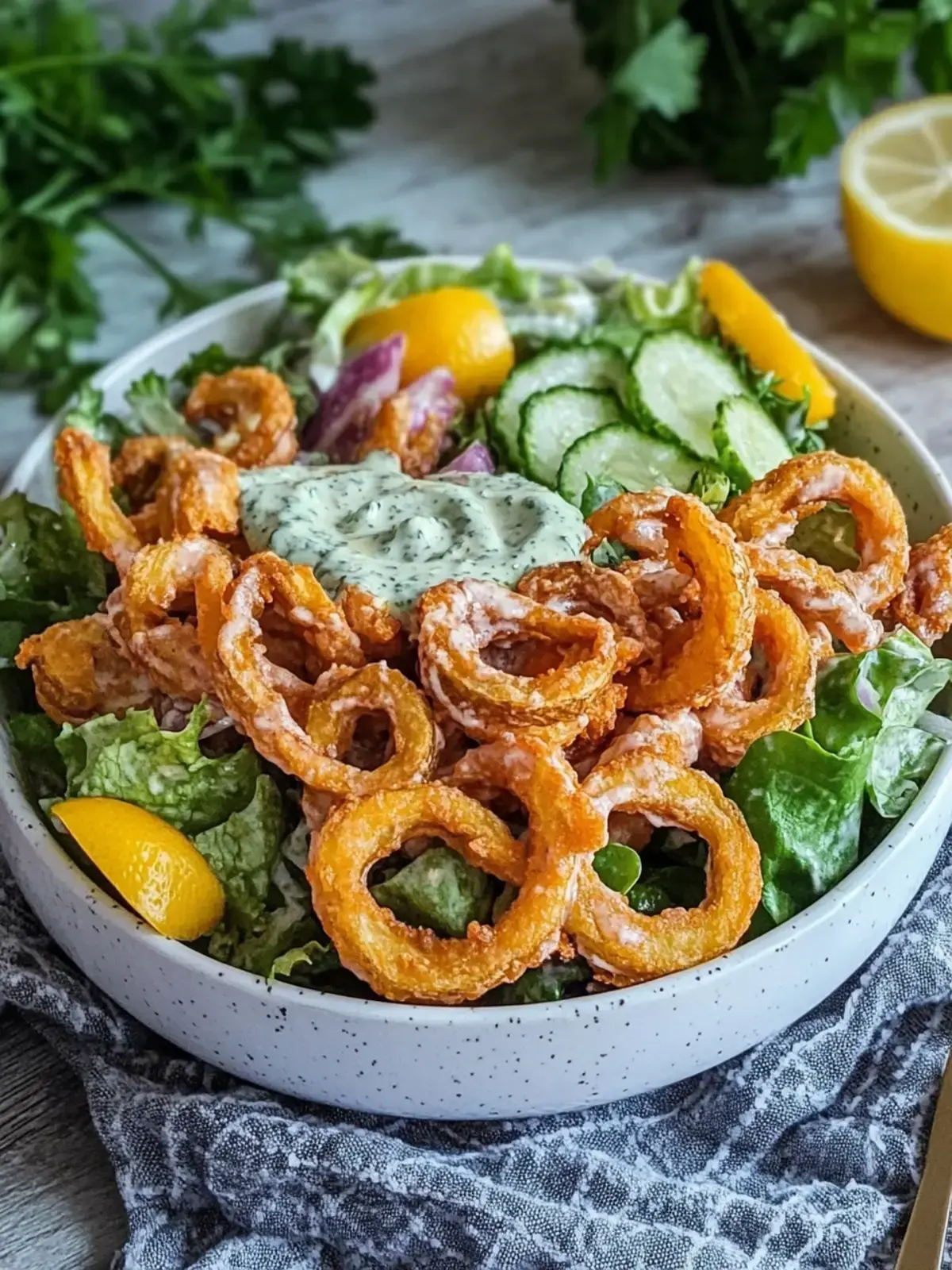 Curly Fries Salat mit cremigem Dressing