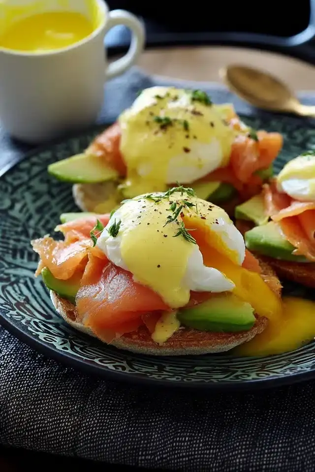 Eier Benedict mit Lachs und Avocado