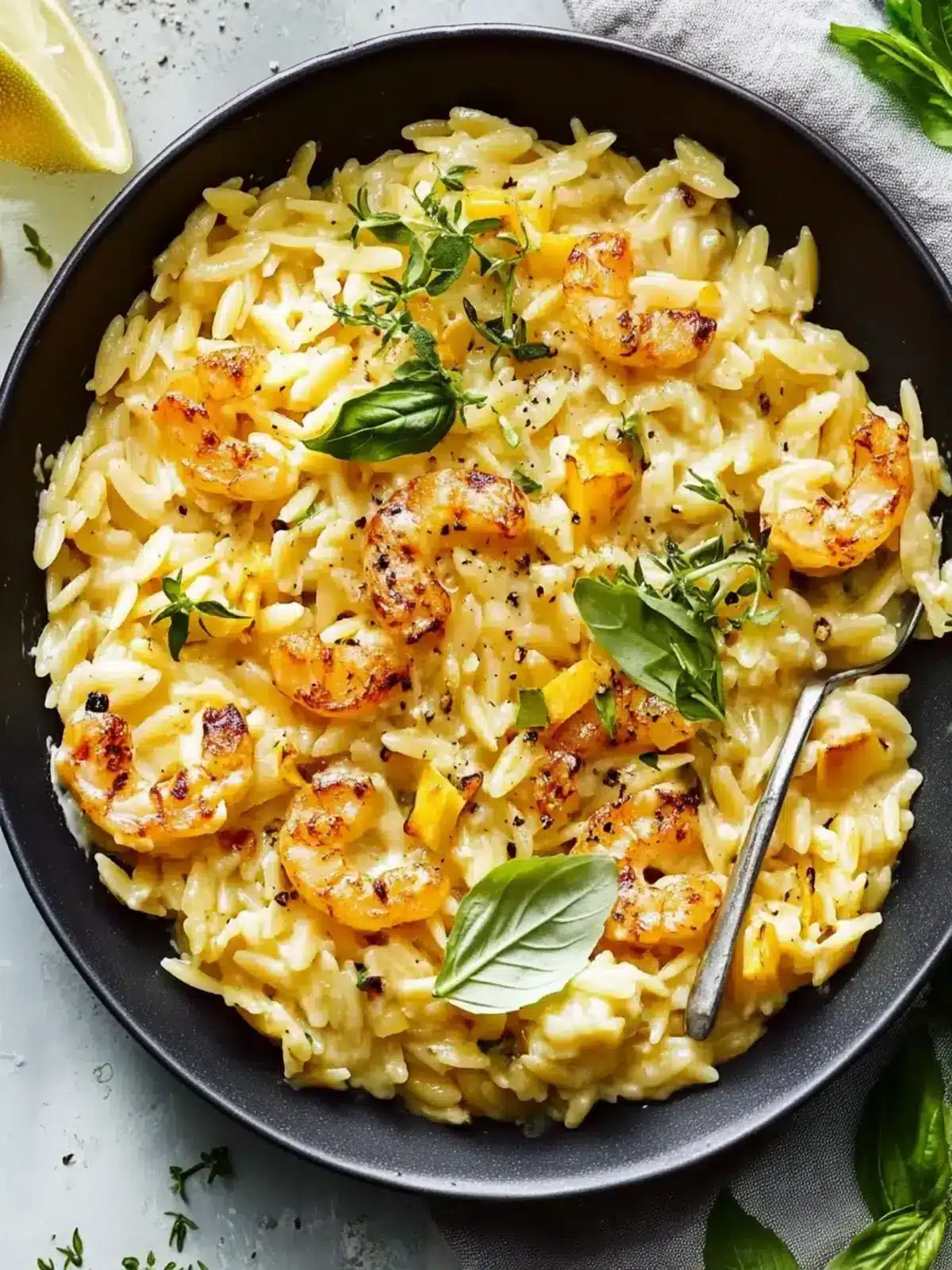 Ein Pfanne Cremiger Mais Orzo mit Garnelen