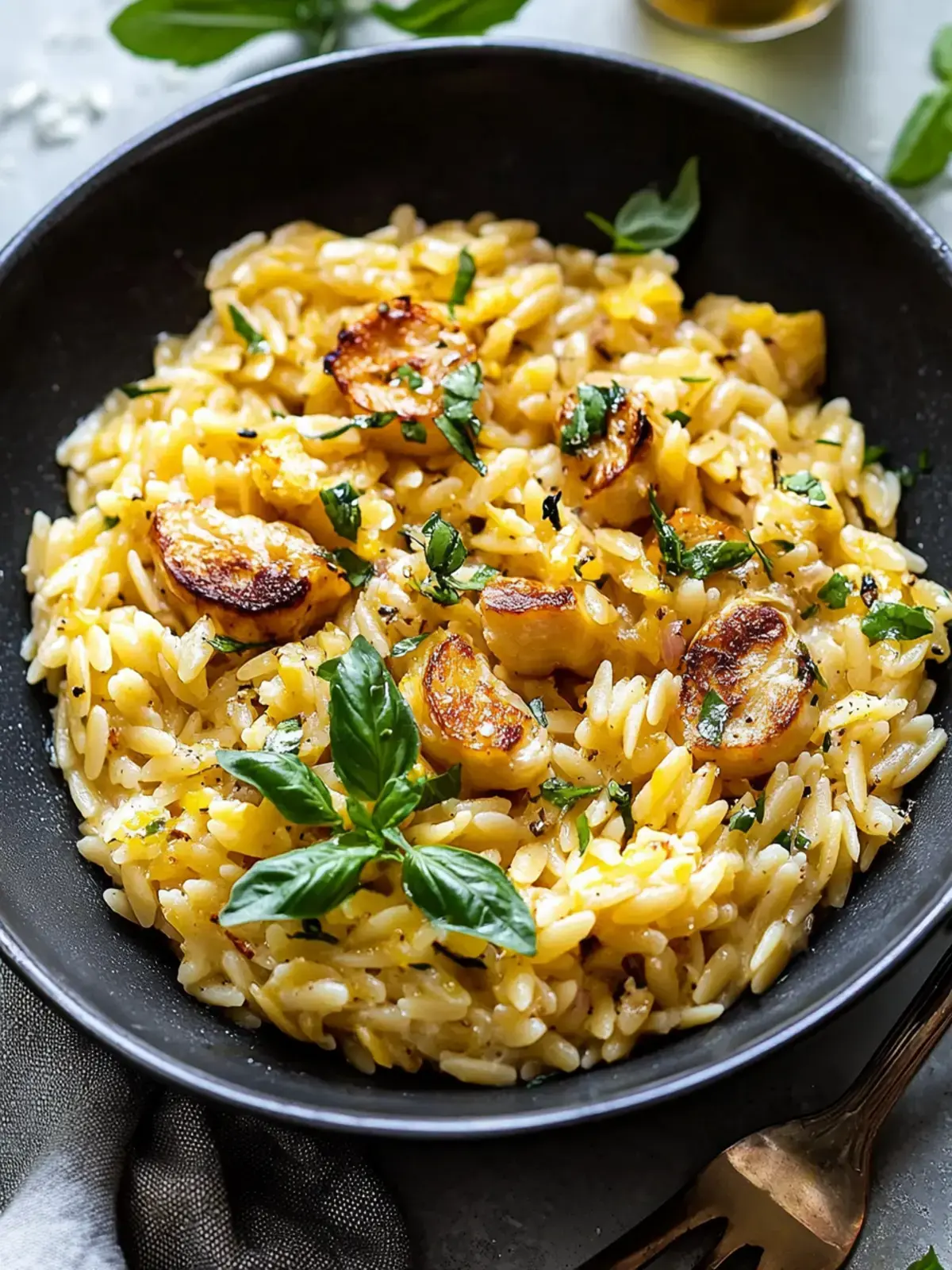 Ein Pfanne Cremiger Mais Orzo mit Garnelen