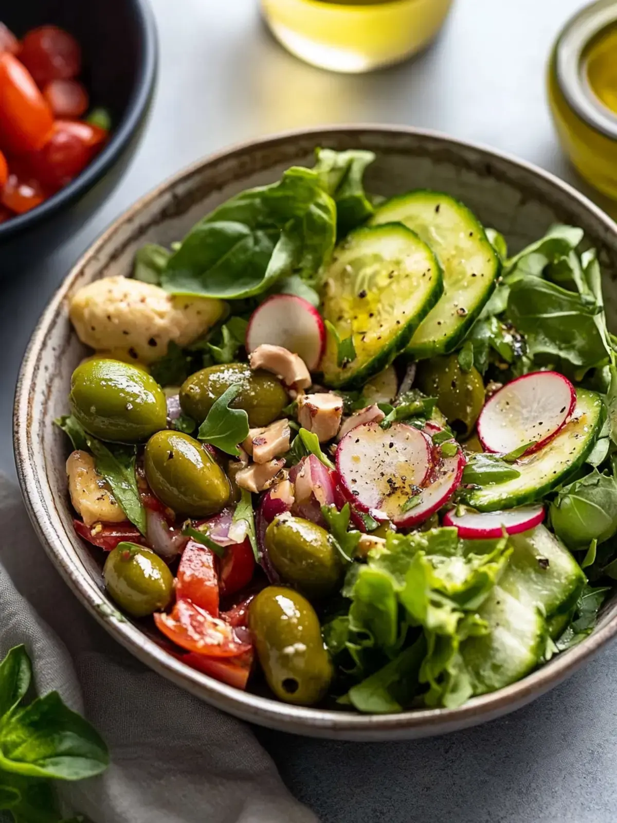 Eingelegter grüner Oliven-Bohnensalat