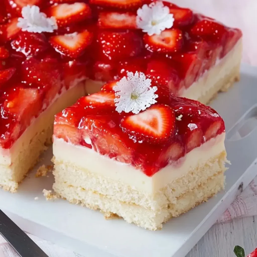 Erdbeerkuchen vom Blech mit Pudding