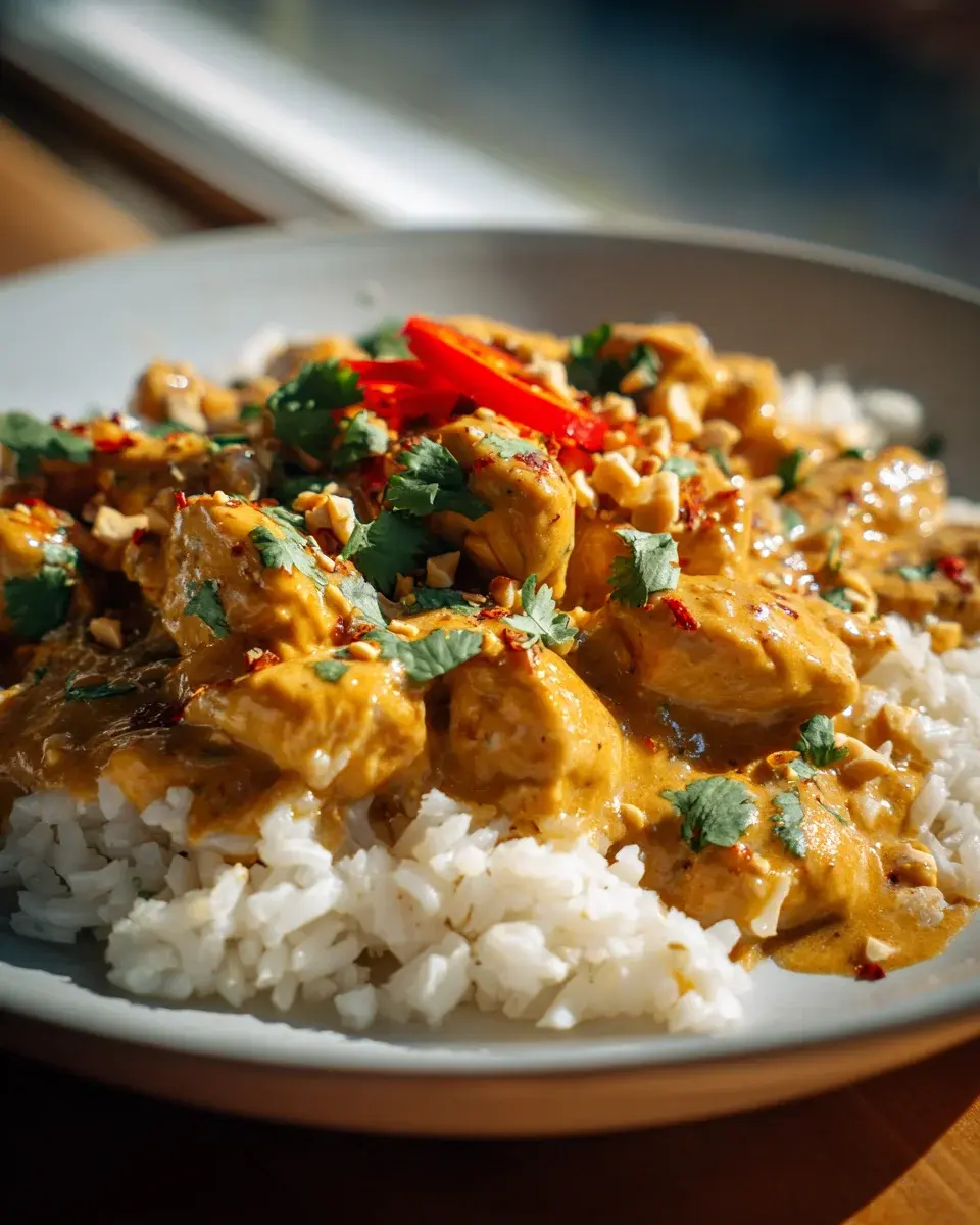 Erdnussbutter Hühnchen Curry Kokosreis