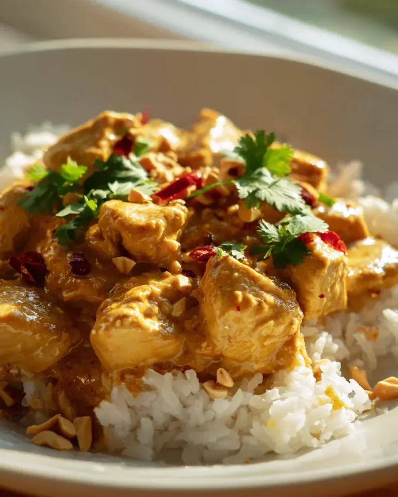 Erdnussbutter Hühnchen Curry Kokosreis