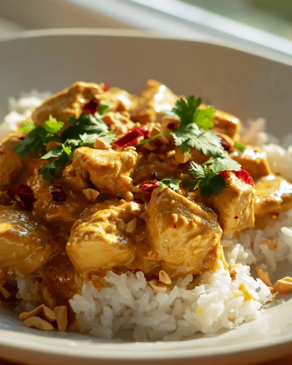 Erdnussbutter Hühnchen Curry Kokosreis